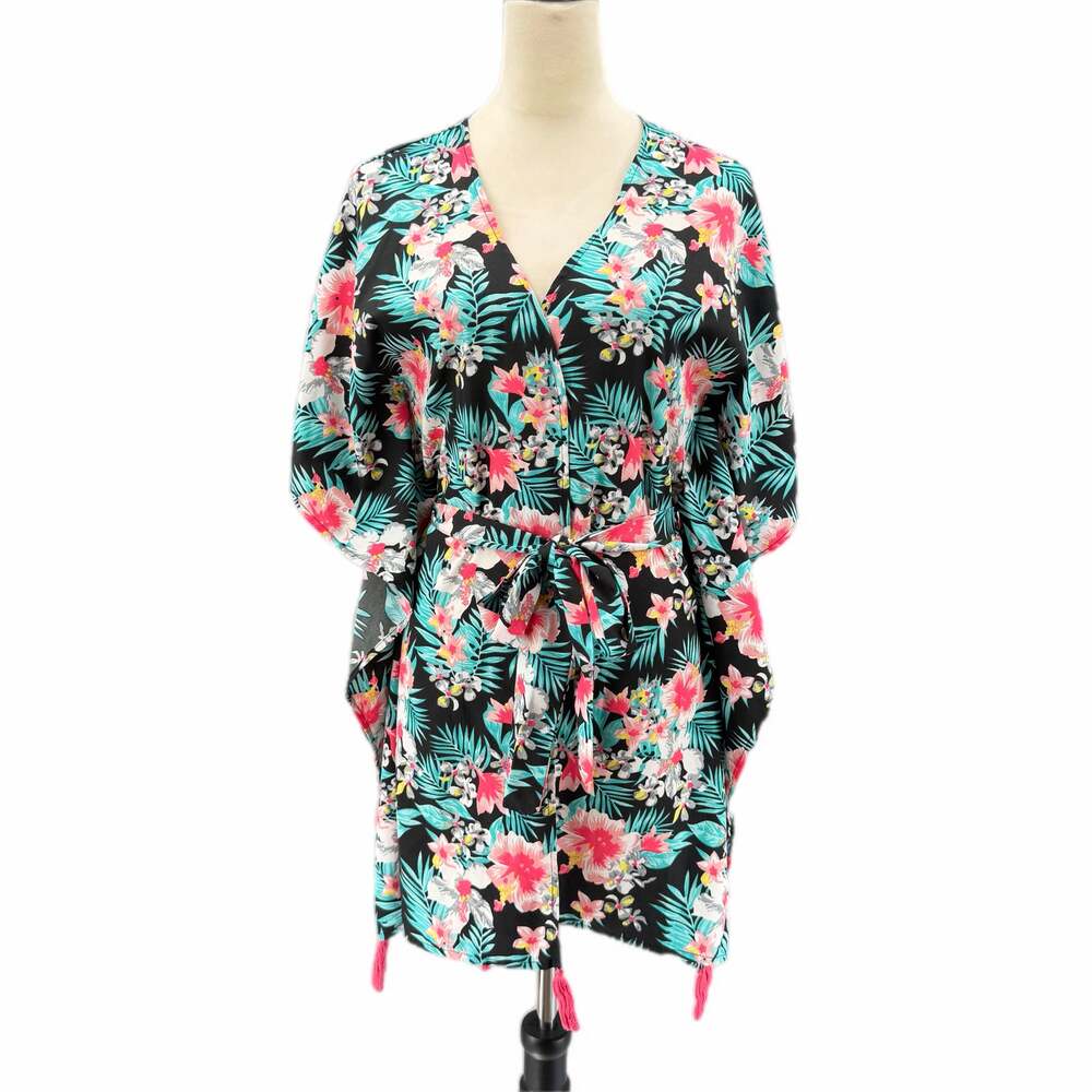 America & Beyond Black Tropical Belt Tie Tassel Short Sleeve Robe Swim Cover Up